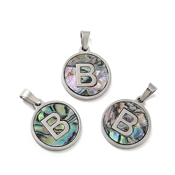 304 Stainless Steel with Paua Shell Pendants, Stainless Steel Color, Flat Round with Letter Charm, Letter.B, 18x16x1.5mm, Hole: 3x6mm