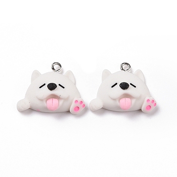 Cartoon Opaque Resin Pendants, with Platinum Tone Iron Loops, Dog Charm, White, 20x26x9mm, Hole: 2mm