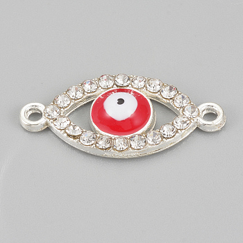 Alloy Rhinestone Links connectors, Cadmium Free & Lead Free, Evil Eye, Red, Silver Color Plated, 22x10x2mm, Hole: 1mm