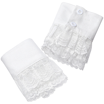 2Pcs Chiffon Fingerless Oversleeves, Lace Cord Wristband with Plastic Button for Women, White, Inner Diameter: 2-1/4~2-5/8 inch(5.7~6.6cm)