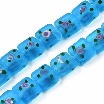 Handmade Frosted Lampwork Beads Strands, Square with Flower, Deep Sky Blue, 13~14.5x12~13x7~9mm, Hole: 1.5mm, about 35pcs/strand, 17.72 inch(45cm)