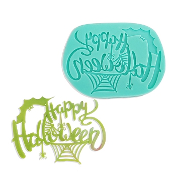 DIY Word Happy Halloween Food Grade Silicone Molds, Display Molds, for Chocolate, Candy, UV Resin & Epoxy Resin Halloween Ornament Making, Random Single Color or Random Mixed Color, 82x113x7.5mm, Finished: 77x102x1mm