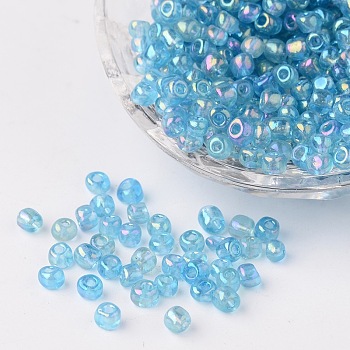 6/0 Transparent Rainbow Colours Round Glass Seed Beads, Aqua, Size: about 4mm in diameter, hole:1.5mm, about 495pcs/50g