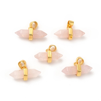 Natural Rose Quartz Double Terminal Pointed Pendants, Faceted Bullet Charm, with Ion Plating(IP) Golden Plated Brass Findings, 9x15~17x7.5mm, Hole: 3.5x2.5mm