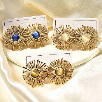 304 Stainless Steel Glass Stud Earrings, Ion Plating(IP), Flat Round, Golden, Mixed Color, 29.5x28.5mm