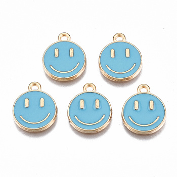 Alloy Enamel Charms, Cadmium Free & Lead Free, Smiling Face, Light Gold, Deep Sky Blue, 14.5x12x1.5mm, Hole: 1.5mm