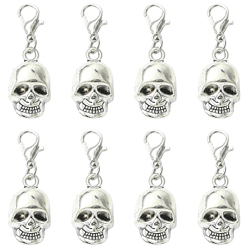 10Pcs Alloy Skull Pendant Decorations, with Lobster Claw Clasps, Antique Silver, 34mm