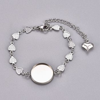 304 Stainless Steel Bracelet Making, with Lobster Claw Clasps, Heart Link Chains and Flat Round Cabochon Settings, Stainless Steel Color, Tray: 14mm, 6-1/8 inch(15.7cm)
