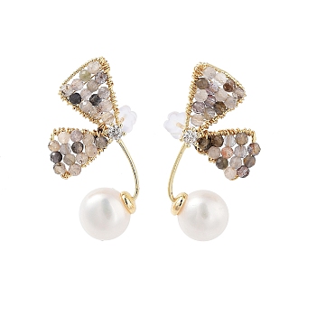 Butterfly Natural Pearl Dangle Stud Earrings, Glass Beaded Earrings with 925 Sterling Silver Pins, Real 14K Gold Plated, 29x13mm