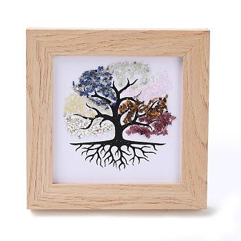 Tree of Life Gemstone Chips Picture Frame Stand, with Wood Square Frame, Feng Shui Money Tree Picture Frame Home Office Decoration, 66x130x120mm, Inner Diameter: 90x90mm