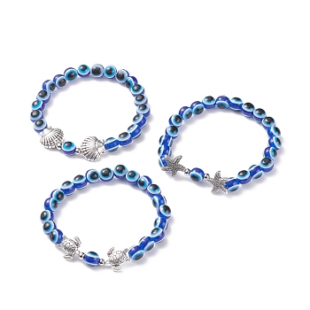 3Pcs 3 Style Evil Eye Resin Beaded Stretch Bracelets Set with Sea Turtle & Starfish & Shell for Women, Antique Silver, Blue, Inner Diameter: 2-1/4 inch(5.7cm)