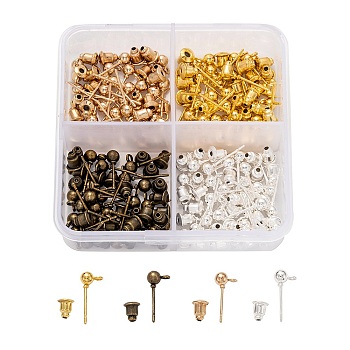 Iron Ball Stud Earring Findings, with Loop and Ear Nuts, Mixed Color, 4mm, 4 colors, 25pcs/color, 100pcs/box