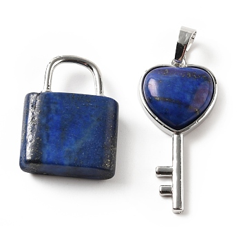 Natural Lapis Lazuli Pendants, with Platinum Tone Brass Findings, Key & Lock, 27~36.5x17~19.5x6.5~7mm, Hole: 8~9x5~9mm