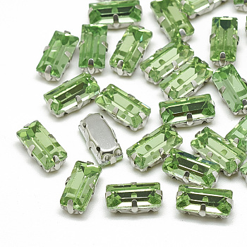 Sew on Rhinestone, Multi-strand Links, Glass Rhinestone, with Brass Prong Settings, Garments Accessories, Faceted, Rectangle, Platinum, Peridot, 10.5x5.5x4mm, Hole: 1mm