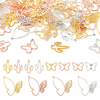 Pandahall 120Pcs 12 Styles Alloy Pendants, Hollow, Cactus & Butterfly, Mixed Color, 16~39x21.5~34x1.5~2.5mm, Hole: 1.4~1.6mm, 10pcs/style