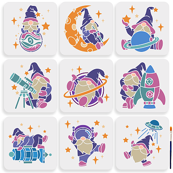 US 1 Set Spaceman Gnome Theme PET Hollow Out Drawing Painting Stencils, for DIY Scrapbook, Photo Album, with 1Pc Art Paint Brushes, Mixed Shapes, 300x300mm, 9pcs/set