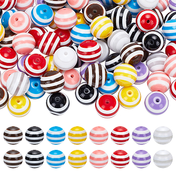 96Pcs 8 Colors Stripe Resin Beads, Round, Mixed Color, 20x18mm, Hole: 3mm, 12pcs/color