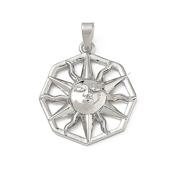Brass Pendants, Octagon with Sun Face Charms, Platinum, 22x20x4mm, Hole: 5x2.7mm