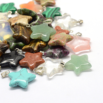 Star Natural & Synthetic Mixed Stone Pendants, with Platinum Tone Brass Findings, 22~23x20~24x5~7mm, Hole: 2x7mm