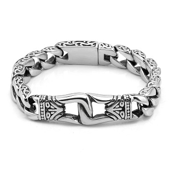 Tibetan Style Alloy Knot Link Bracelet with Curb Chains for Men, Stainless Steel Color, 8-1/4 inch(21cm)