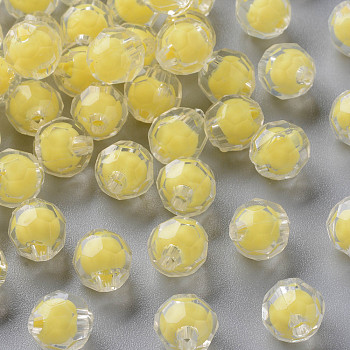 Transparent Acrylic Beads, Bead in Bead, Faceted, Round, Yellow, 9.5x9.5mm, Hole: 2mm, about 1041pcs/500g