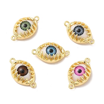 Evil Eye Resin Brass Connector Charms, Eye Link, Real 18K Gold Plated, Mixed Color, 14x24x6mm, Hole: 1.6mm