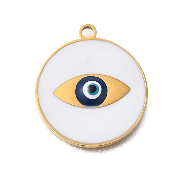 PVD Vacuum Plating 201 Stainless Steel Pendants, with Enamel, Evil Eye Charm, Real 18K Gold Plated, Flat Round, 20x18x3mm, Hole: 1.8mm