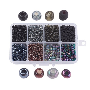6/0 Glass Seed Beads, Mixed Style, Round, Black, 4x3mm, Hole: 1mm, about 1900pcs/box, Packaging Box: 11x7x3cm