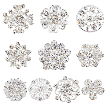 9pcs 9 style Rhinestone Flower Lapel Pins, Silver Plated Alloy Exquisite Brooch for Women Wedding Party, Crystal, 19~35.5x20~36x3~9mm, Pin: 0.7~0.9mm, 1Pc/style