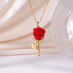 Valentine's Day Flocking Brass Micro Pave Clear Cubic Zirconia Rose Flower Pendant 304 Stainless Steel Cable Chain Necklaces for Women, Golden, Red, 15.75 inch(40cm)(WG19B77-01)
