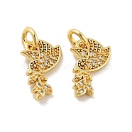 Pigeon with Leaf Brass Micro Pave Clear Cubic Zirconia Charms, with Jump Rings, Cadmium Free & Lead Free, Golden, 13.5x7.5x1.5mm, Hole: 3mm(KK-G425-13G)