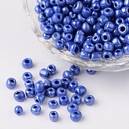 6/0 Opaque Colors Lustered Round Glass Seed Beads, Blue, Size: about 4mm in diameter, hole:1.5mm, about 495pcs/50g(X-SEED-A012-4mm-128)