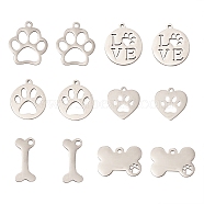 30Pcs 6 Styles 201 Stainless Steel Pet Pendants, Manual Polishing, Dog Footprint, Stainless Steel Color, 15~18x16~25x1.5~2mm, Hole: 1.6mm, 5pcs/style(STAS-CJ0001-218)