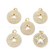 Brass Micro Pave Clear Cubic Zirconia Pendants, with Jump Ring, Long-Lasting Plated, Flat Round with Hollow Out Star, Real 18K Gold Plated, 22x19x2mm, Jump Rings: 5x1mm, 3mm Inner Diameter(ZIRC-L100-109G)