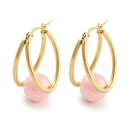 Ion Plating(IP) 304 Stainless Steel & Plastic Imitation Pearl Oval with Ball Hoop Earrings for Women, with 316 Stainless Steel Pins, Light Salmon, 32x15.5x19.5mm(EJEW-C096-13G-06)
