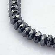 Electroplate Non-magnetic Synthetic Hematite Beads Strands, Faceted Rondelle, Black Plated, 6x3mm, Hole: 1mm, about 140pcs/strand, 15.7 inch(G-J208C-01)