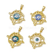 Natural Shell Pendants, Flat Round Charms with Evil Eye, Dyed, with Rack Plating Golden Tone Brass Findings, Long-Lasting Plated, Mixed Color, 33x30x4mm, Hole: 6x4mm(KK-M234-02G)
