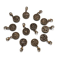 Constellation/Zodiac Sign Theme Flat Round Tibetan Style Pendants, with Brass Lobster Claw Clasps, Zodiac Sign, Antique Bronze, 33mm, Hole: 4x3mm(X-HJEW-JM00177)