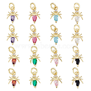 16PCS 8Colors Brass Micro Pave Cubic Zirconia Charms, Real 18K Gold Plated, Cadmium Free & Lead Free, Insect, Mixed Color, 12x8x2mm, Hole: 3.8mm, 2pcs/color(KK-DC0003-69)
