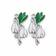 Alloy Pendants, with Enamel and Rhinestone, Platinum, Flower, Sea Green, 29x14x2.5mm, Hole: 1.8mm(PALLOY-N153-15-RS)