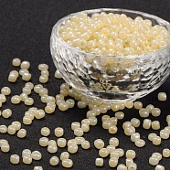 Glass Seed Beads, Ceylon, Round, Champagne Yellow, 4mm, Hole: 1.5mm, about 1000pcs/100g(X1-SEED-A011-4mm-153)