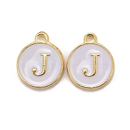 Golden Plated Alloy Charms, Cadmium Free & Lead Free, with Enamel, Enamelled Sequins, Flat Round with Letter, White, Letter.J, 14x12x2mm, Hole: 1.5mm(X-ENAM-S118-01J)