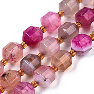 Natural Agate Beads Strands, Faceted, with Seed Beads, Dyed, Round, Hot Pink, 10.5x9.5mm, Hole: 1.2mm, about 31~32pcs/strand, 14.96 inch(38cm)(G-T131-82B-08)
