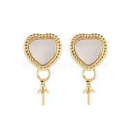Rack Plating Brass Stud Earring Findings, with Shell, 925 Sterling Silver Pins and Cup Peg Bails, for Half Drilled Bead, Nickel Free, Heart, Real 18K Gold Plated, 16.5x7mm, Pin: 0.7mm, Pin: 0.7mm(for half drilled beads)(KK-N233-186)