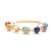 Mixed Stone & Natural Pearl Beads Wire Wrapped Cuff Bangle, 7 Chakra Open Torque Bangle for Women, Golden, Inner Diameter: 2 inch(5cm)(BJEW-JB07507)