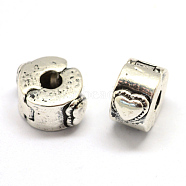 Alloy European Style Clasps, Column with Heart, Antique Silver, 13x11x6.5mm, Hole: 3mm(PDLC-R001-22AS)