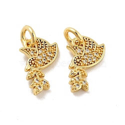 Pigeon with Leaf Brass Micro Pave Clear Cubic Zirconia Charms, with Jump Rings, Cadmium Free & Lead Free, Golden, 13.5x7.5x1.5mm, Hole: 3mm(KK-G425-13G)