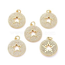 Brass Micro Pave Clear Cubic Zirconia Pendants, with Jump Ring, Long-Lasting Plated, Flat Round with Hollow Out Star, Real 18K Gold Plated, 22x19x2mm, Jump Rings: 5x1mm, 3mm Inner Diameter(ZIRC-L100-109G)