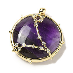 Constellation Natural Amethyst Pendants, Brass Flat Round Charms, Golden, Aquarius, 32x30x9mm, Hole: 2mm(G-A300-E01)