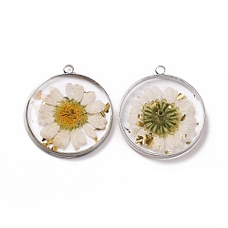 Transparent Clear Epoxy Resin Pendants, with Edge Platinum Plated Brass Loops and Gold Foil, Flat Round Charms with Inner Flower, White, 34x30x4mm, Hole: 2.6mm(RESI-L036-06G-04)